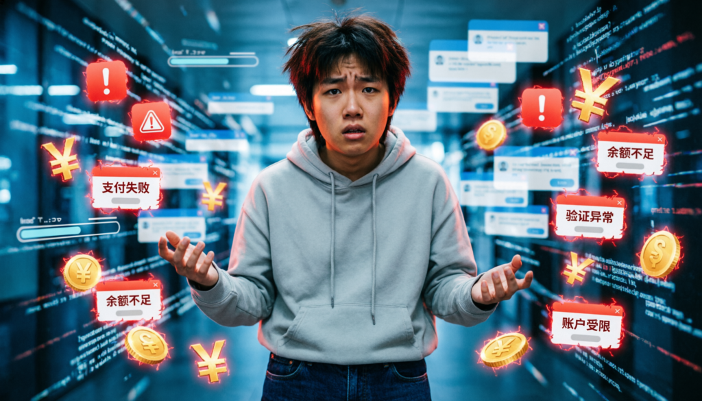 A confused person surrounded by multiple app icons, warning symbols, fake money alerts, chaotic digital environment, showing mistakes beginners make, semi-realistic style