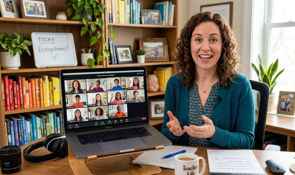 Female teacher giving an online lesson on laptop, students on screen, home office background, friendly atmosphere, daylight, educational theme, realistic