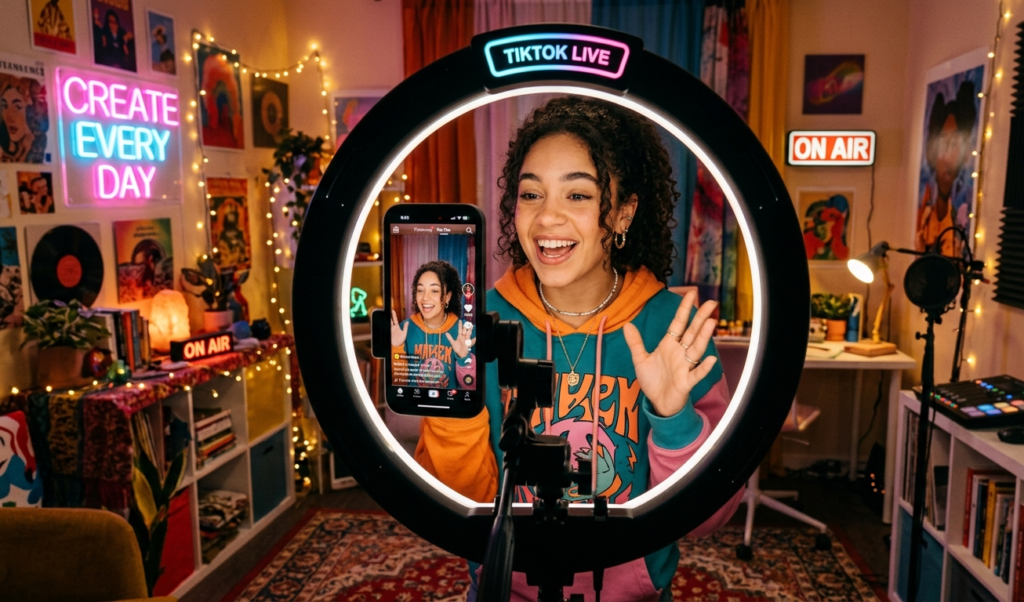 A young woman recording a short video for TikTok on her smartphone, colorful background, cozy indoor studio, ring light, energetic and creative vibe, cinematic lighting