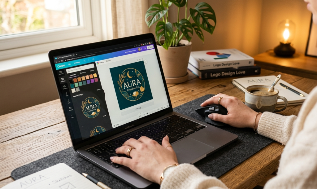 Close-up of hands designing a logo on a laptop with Canva, coffee cup on the side, modern workspace, warm lighting, realistic style, high detail"