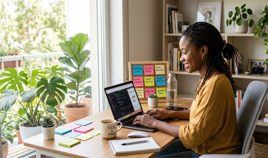 A young African woman working on a laptop at a cozy home office, colorful sticky notes around, focused and smiling, modern minimalistic style, bright daylight, realistic lighting for a legitimate side hustles
