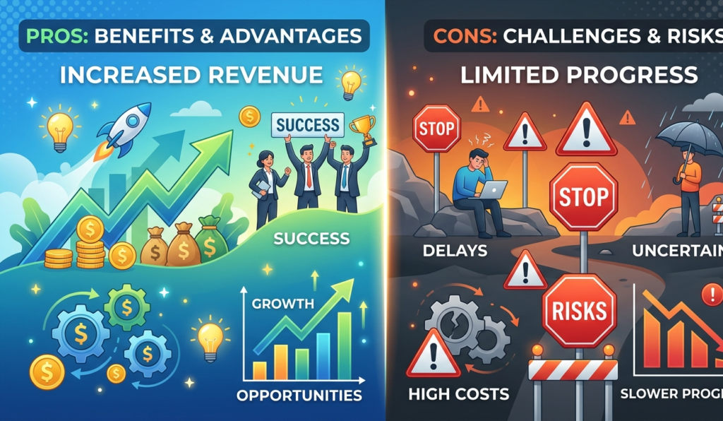 A split screen image showing pros vs cons, left side bright with money and success icons, right side darker with warning signs and slow progress icons, modern infographic style