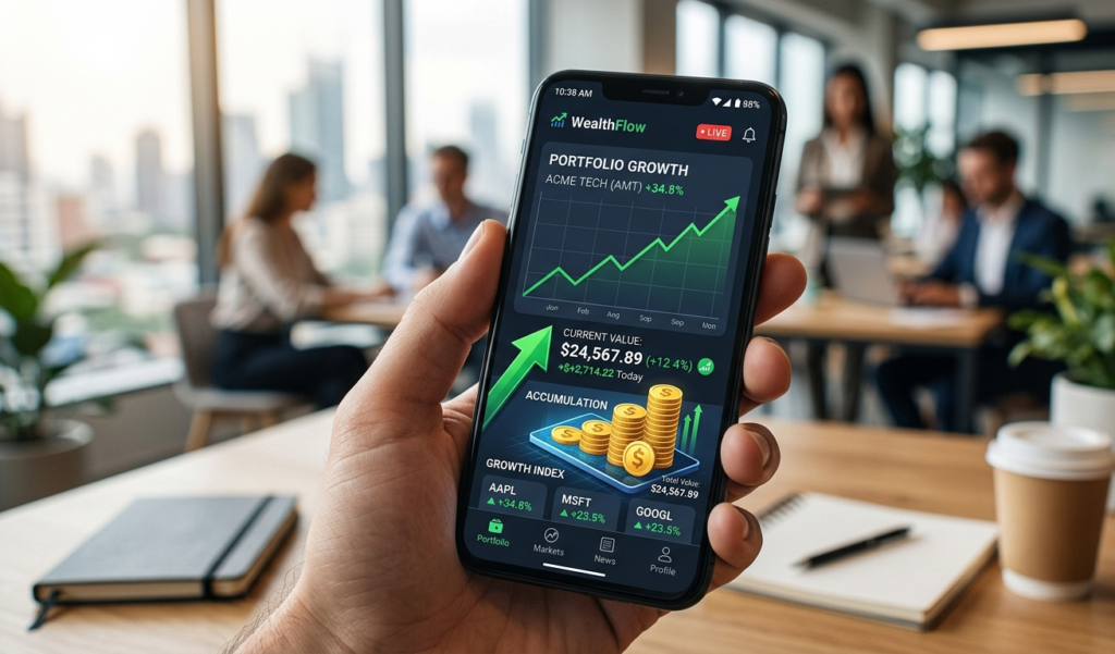 A smartphone showing stock charts going upward, financial growth, green arrows, coins stacking, clean fintech design, realistic style, professional look showing an indication of Passive income apps that actually work