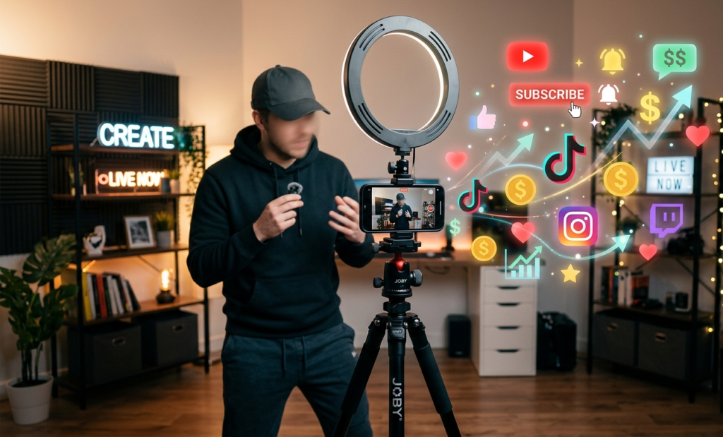 A faceless content creator recording a video with a smartphone on tripod, ring light setup, social media icons floating, monetization concept, modern aesthetic, 16:9