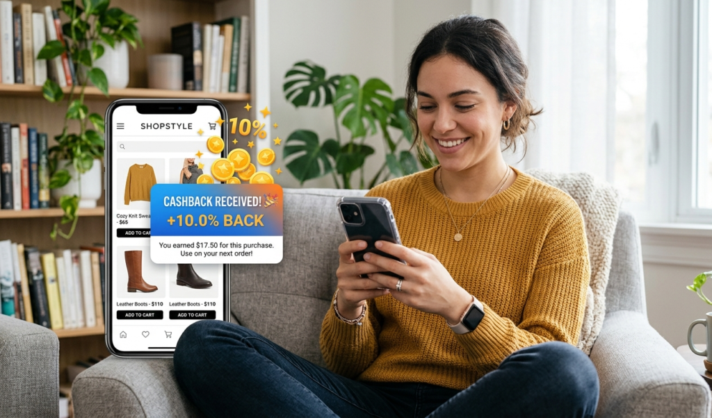 A person shopping online on their phone, cashback notification popping up with coins and percentages, clean and modern interface, lifestyle setting, realistic style
