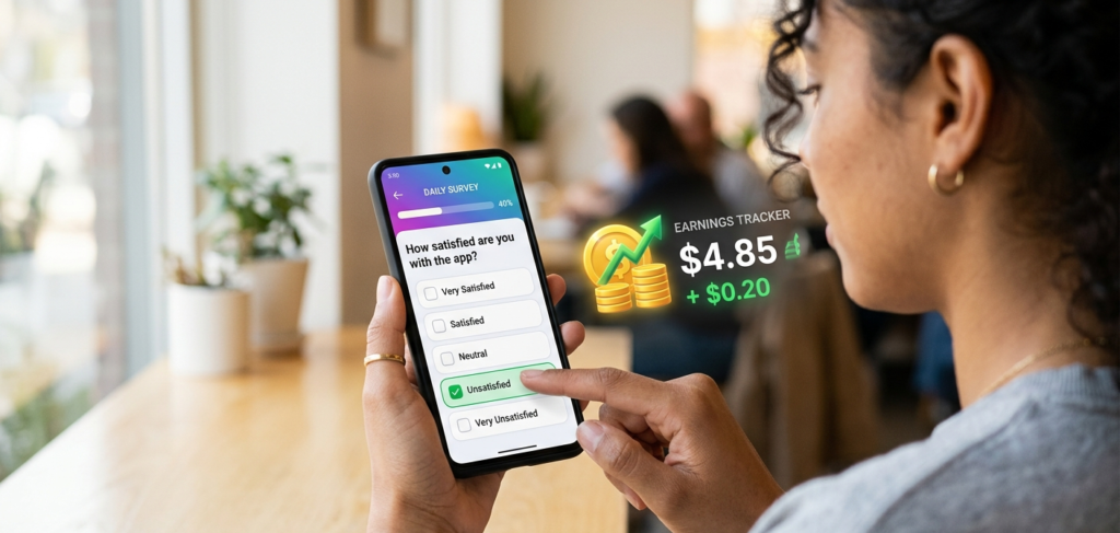 A smartphone displaying survey questions with checkboxes, user tapping screen, digital earnings increasing on the side, modern UI, realistic style, bright lighting