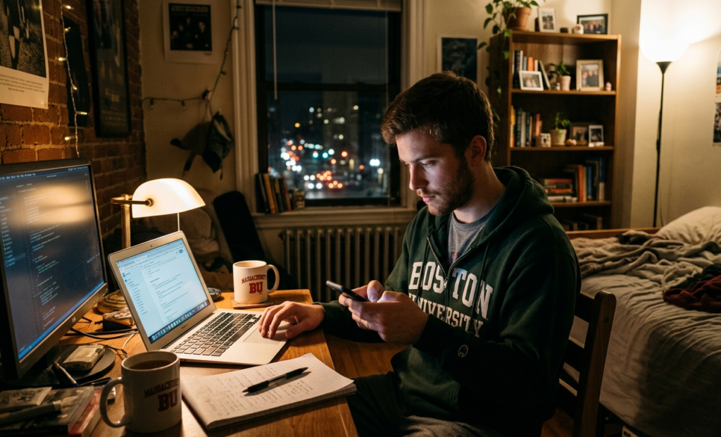 A young man in a small apartment in Massachusetts using his phone at night, laptop on desk, calm environment, showing focus and determination, soft warm lighting, realistic photography style, storytelling mood, 16:9
