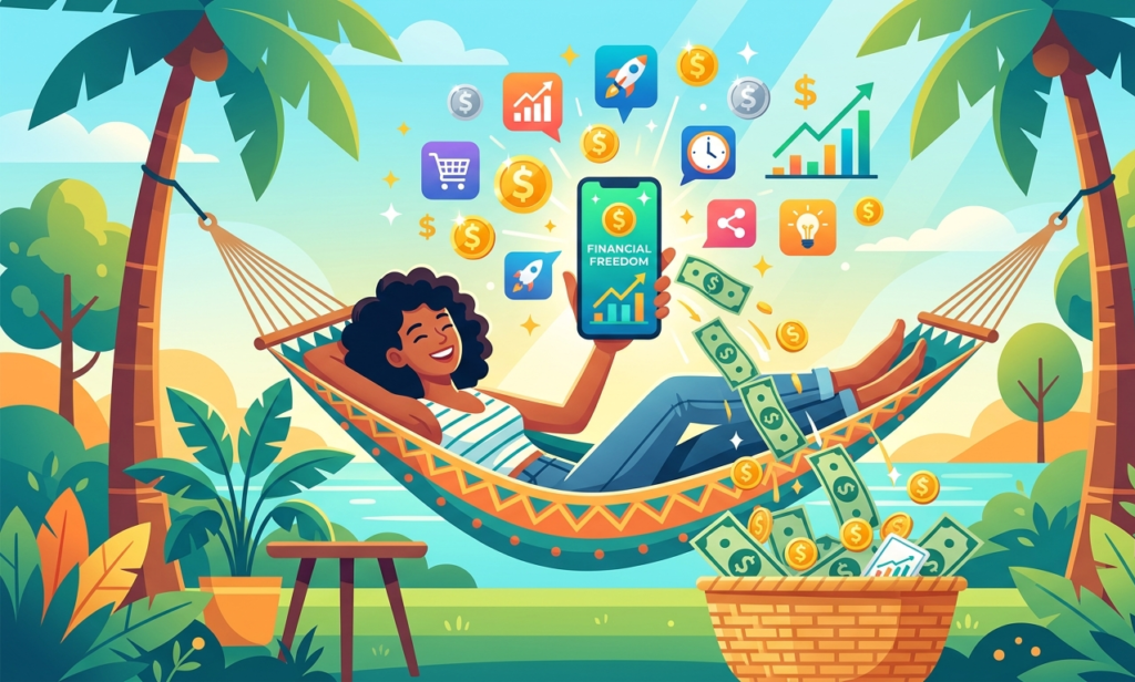 A creative illustration showing money flowing from a smartphone while the user relaxes, symbols of apps, dollar signs, coins, and graphs floating around, minimalistic modern design, bright colors, flat style, 16:9