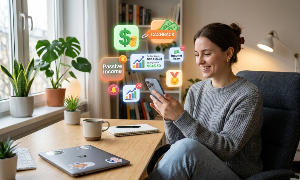 A modern young adult sitting comfortably at home using a smartphone, multiple app icons floating around (money, cashback, charts, notifications), soft lighting, clean workspace, digital passive income concept, realistic style, high resolution, 16:9