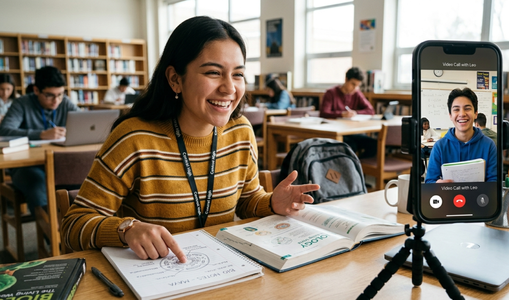 A student teaching another student through a smartphone video call, both smiling, educational environment, bright lighting, realistic and friendly atmosphere