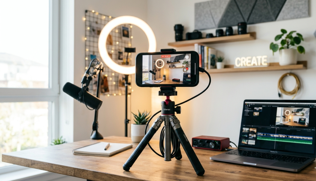 A smartphone on a tripod recording content with no face shown, background showing creative setup, ring light, clean environment, modern content creator vibe, high quality