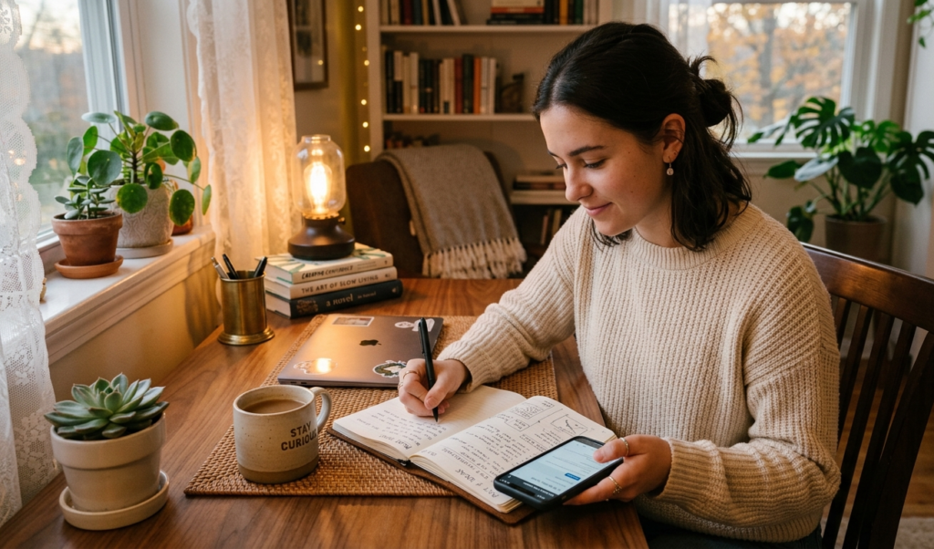 A student writing ideas in a notebook while using a smartphone to manage a blog, cozy environment, soft lighting, calm and focused atmosphere, realistic, aesthetic desk setup to earn money online