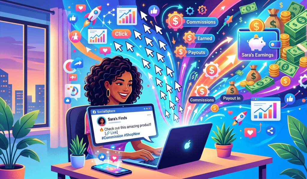 A person sharing a product link on social media with icons of clicks, commissions, and money flowing in, digital marketing concept, bright colors, modern illustration style, high detail