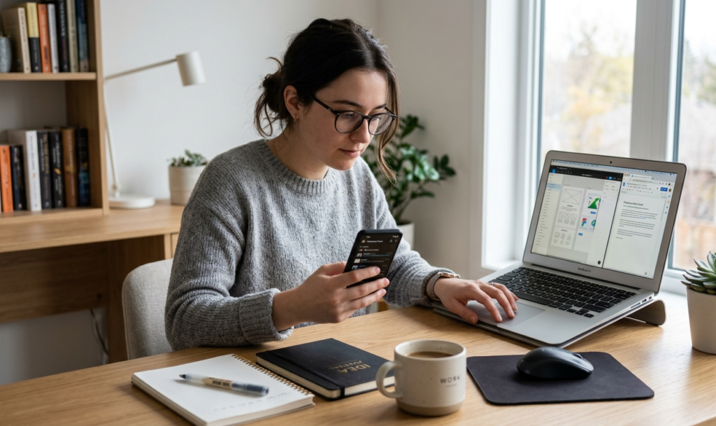 A student working on a smartphone and laptop, with freelance icons like writing, design, and messaging visible on screen, clean workspace, natural lighting, productivity vibe, realistic style