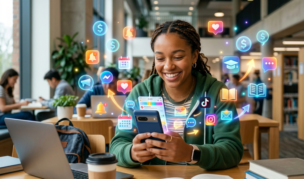 A young student smiling while using a smartphone, with floating digital icons like money symbols, notifications, and apps around them, bright and hopeful mood, modern style, vibrant colors, ultra realistic