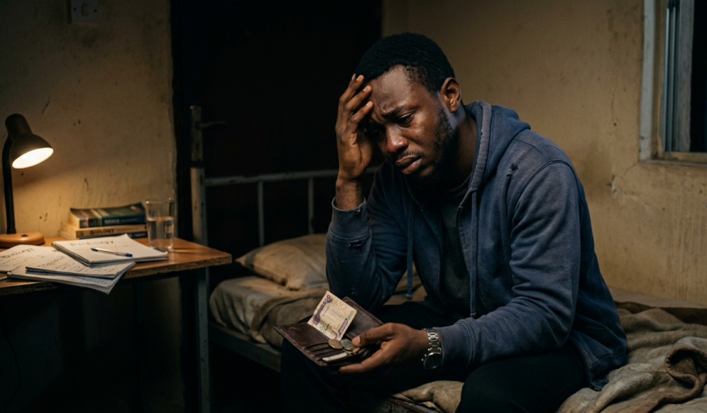 A stressed student sitting alone in a simple room, holding a nearly empty wallet and looking worried, dim lighting, emotional atmosphere, realistic African student, minimal background, cinematic style, high detail