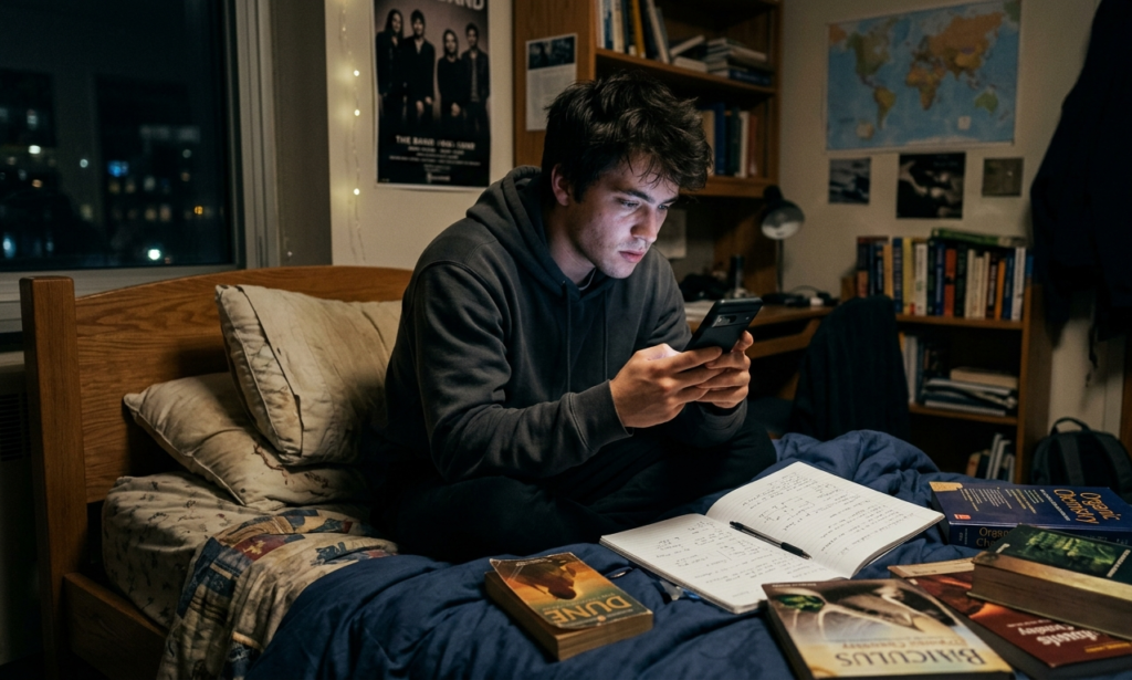 A realistic scene of a young student sitting on a bed in a small room at night, using a smartphone with a focused expression, soft light from the phone illuminating their face, notebook and books scattered around, slightly tired but determined mood, cinematic lighting, ultra realistic, 4K, depth of field