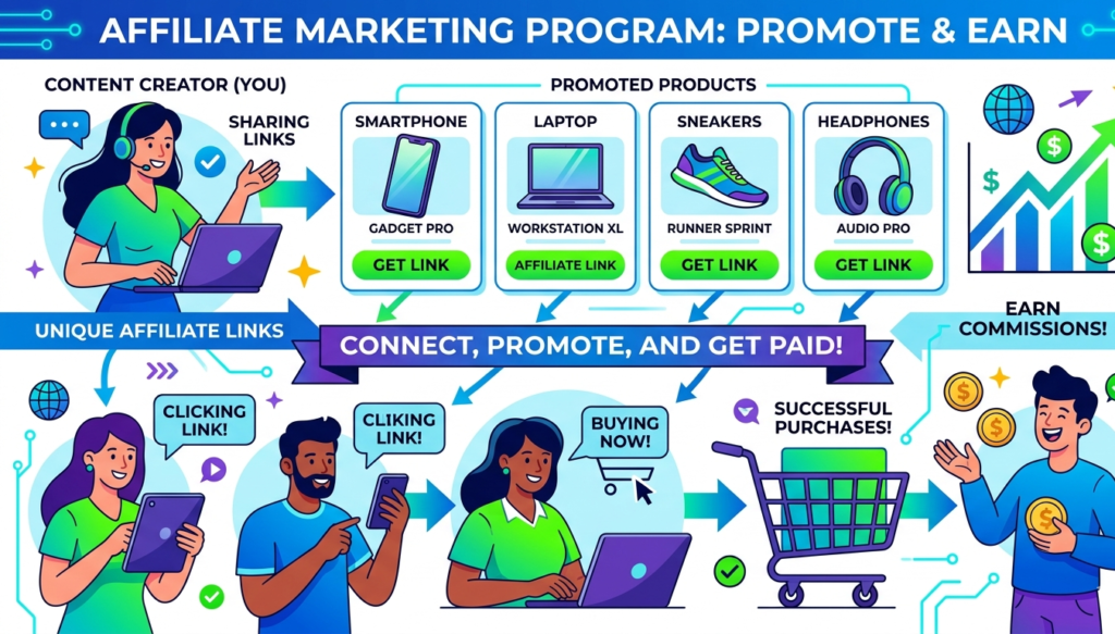 Affiliate marketing visual with links and products, illustrating smart ways to earn from TikTok, showing money, digital products, and engagement icons”