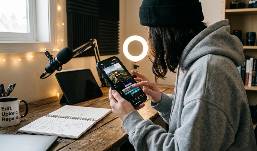 Faceless content creator editing videos on phone