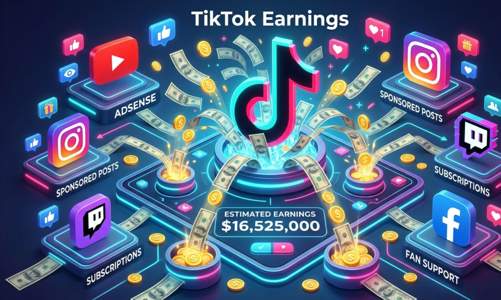 TikTok earnings concept with money and social media icons”