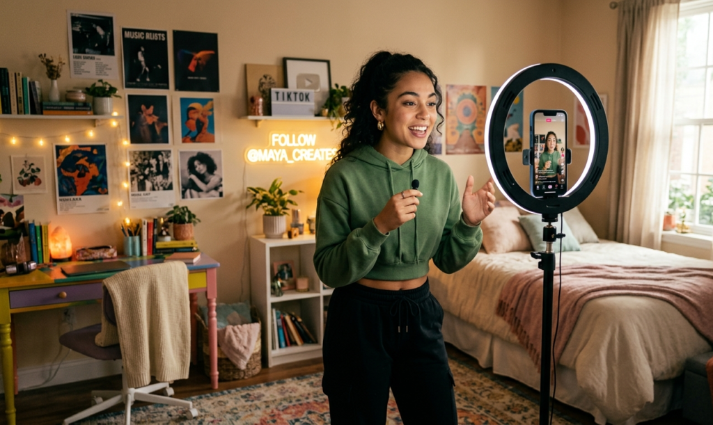 Young content creator filming TikTok video with smartphone at home