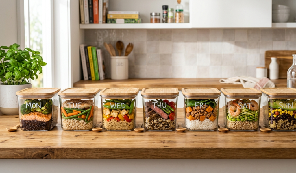 Weekly meal prep containers with rice, vegetables, and protein, organized for healthy eating.