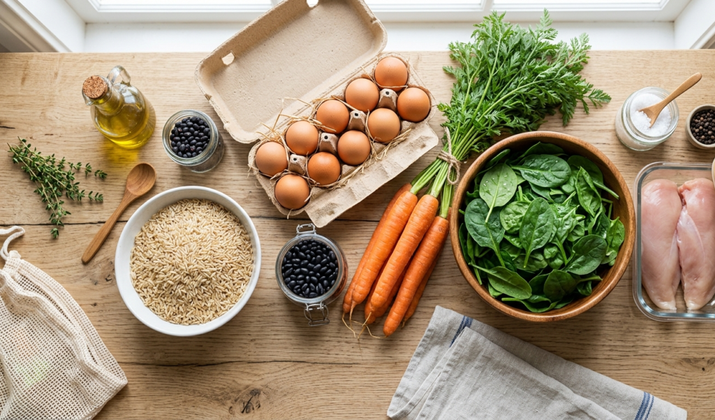 Flat lay of affordable meal prep ingredients including rice, beans, eggs, carrots, spinach, and chicken