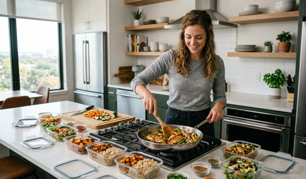 Busy person cooking healthy meals for the week, chopping vegetables and cooking chicken in a modern kitchen