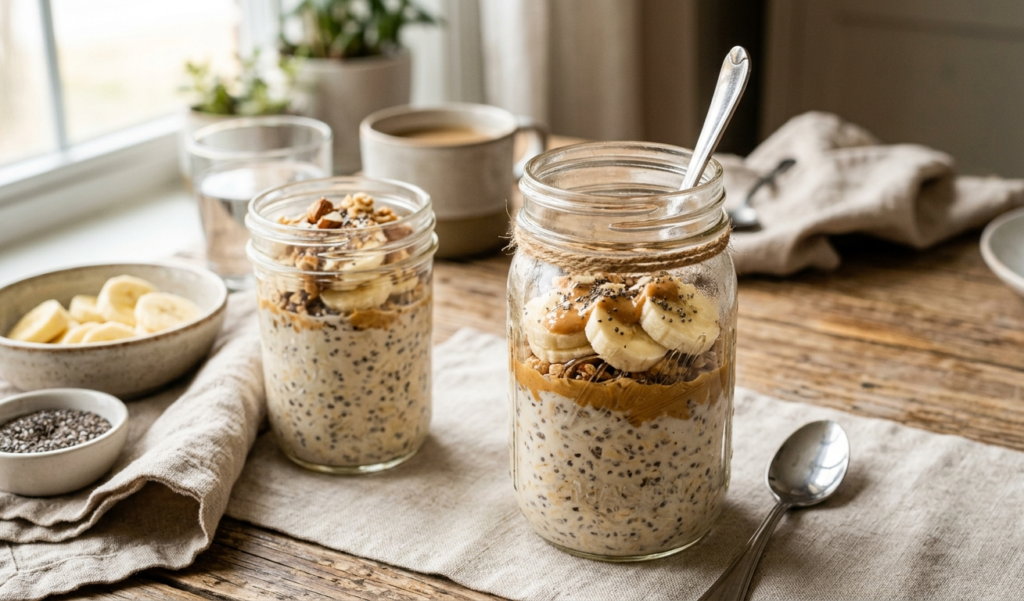 Overnight oats with banana, peanut butter, and chia seeds as a quick and healthy breakfast meal prep.