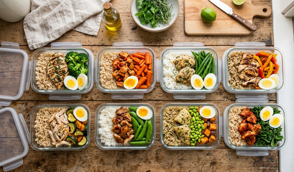 Neatly arranged colorful meal prep containers with rice, chicken, vegetables, and eggs for affordable healthy eating for Affordable Healthy Meal Prep Ideas