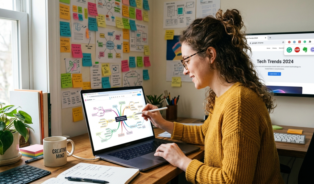 Person using hidden Chrome extensions for mind mapping and idea organization
