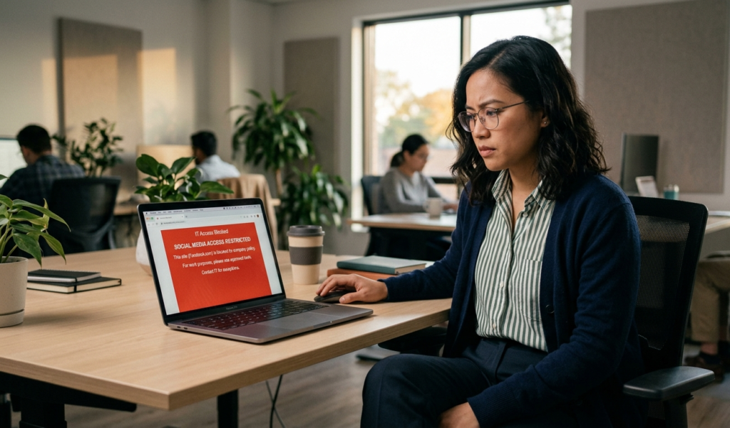 Person using hidden Chrome extensions to block social media on laptop for focused work