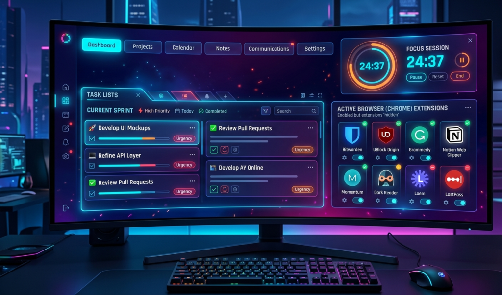 Digital productivity dashboard with tabs, focus timer, and hidden Chrome extensions on screen