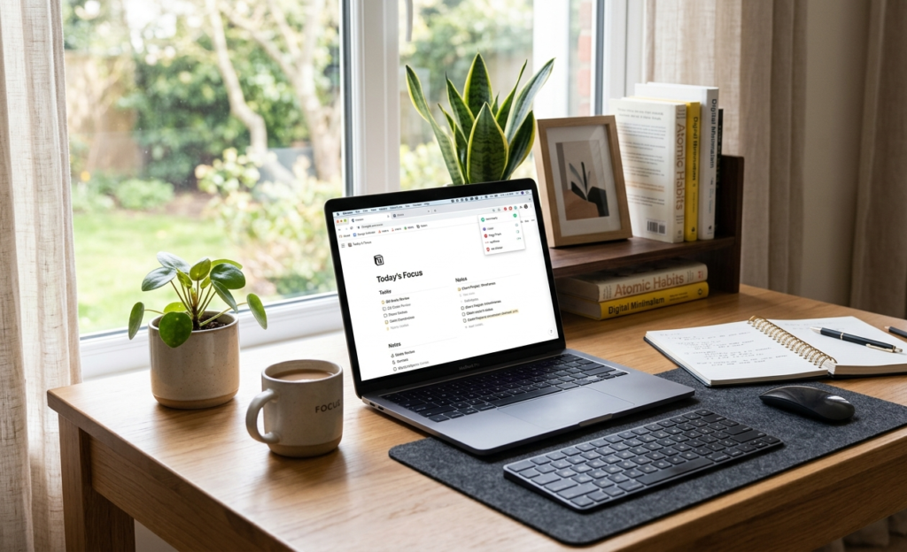 Modern workspace with laptop displaying Chrome productivity extensions, organized desk and minimal distractions
