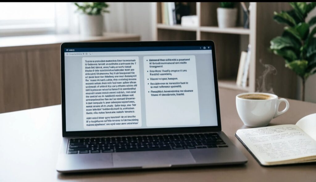 Laptop screen showing AI summarizing long articles, professional workspace, notes and coffee on desk, focused productivity