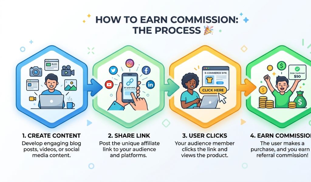 Step-by-step affiliate marketing process from content to commission