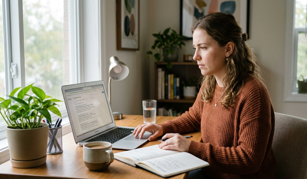 Beginner learning ways to earn with affiliate marketing on a laptop at home