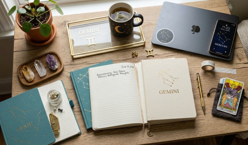 Flat lay of themed workspace with minimal technology, promoting mindful productivity to reduce screen time 