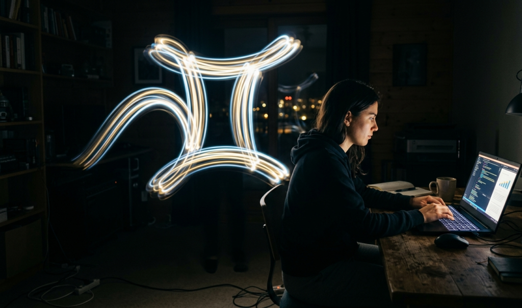 Glowing symbol near a person on laptop, symbolizing energy and adaptability.”