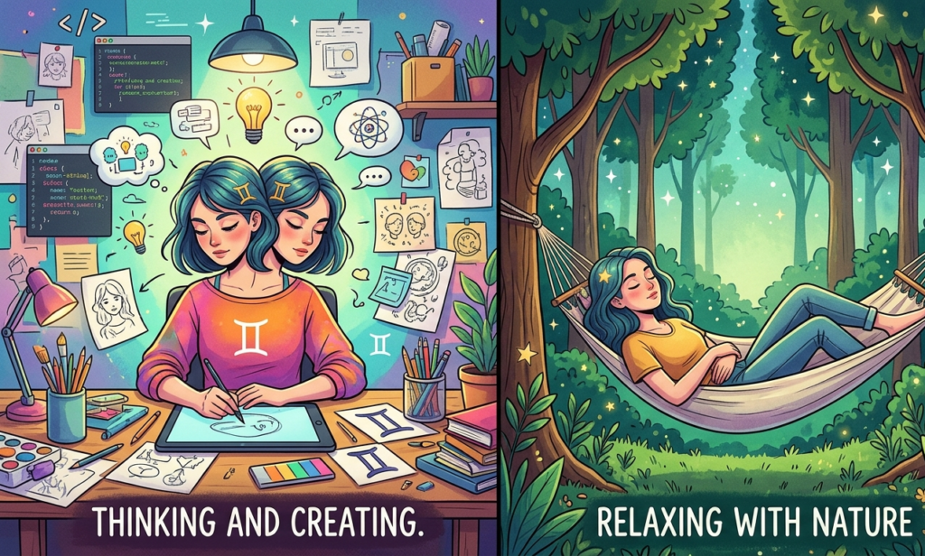 balancing work and relaxation, illustrating duality of focus and calm.”