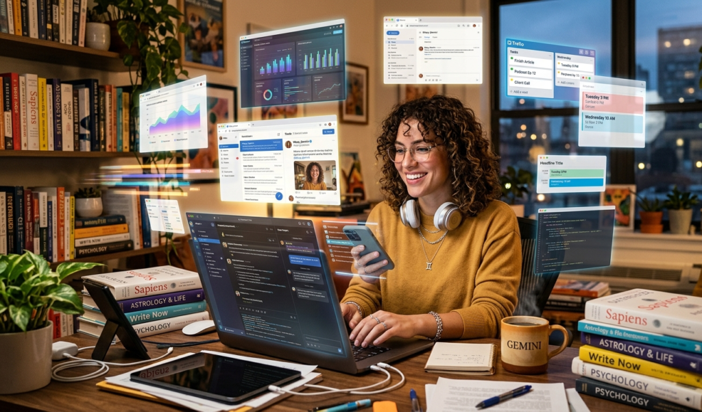 A person surrounded by screens and books, highlighting curiosity and active mind.