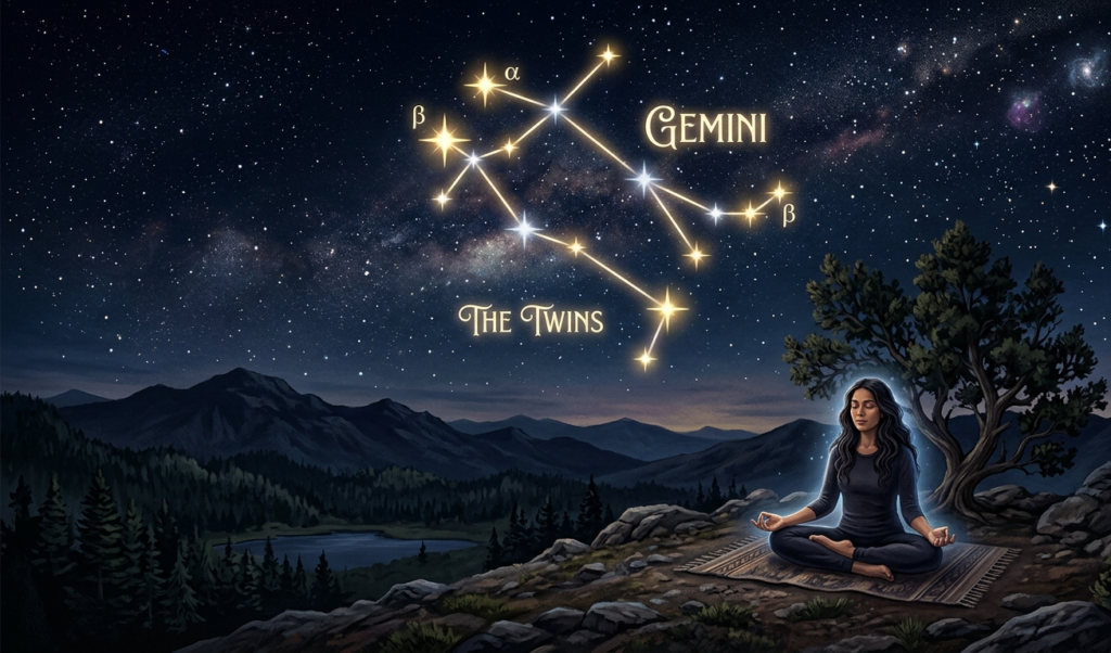 constellation shining over a meditating person, representing balance and mindfulness.