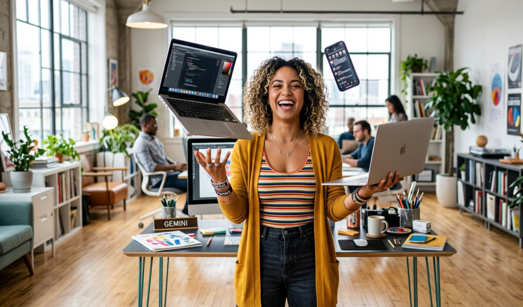 A person multitasking between laptop and phone, symbolizing productivity and adaptability