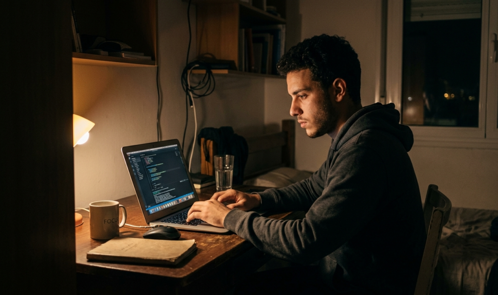 man working late night doing online jobs you can do from home