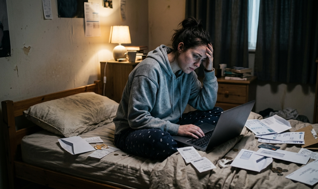 woman struggling financially while searching for online jobs you can do from home