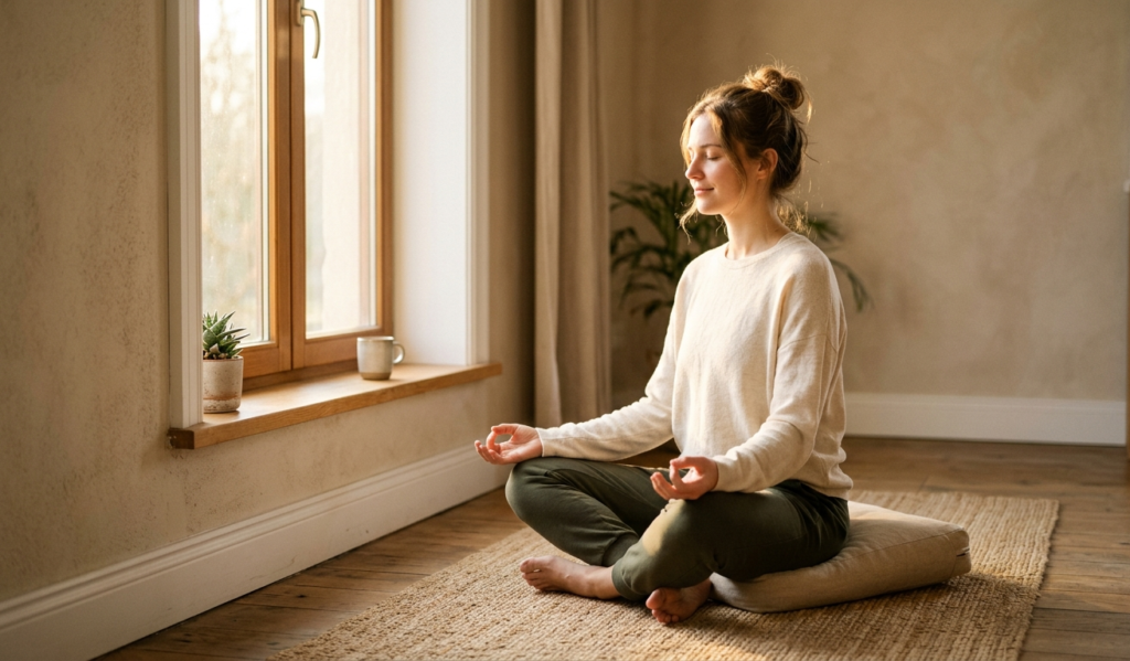 Person practicing morning meditation for mental clarity and calmness