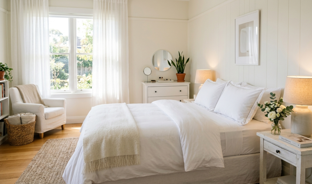 Neatly made bed showing a productive and organized morning habit