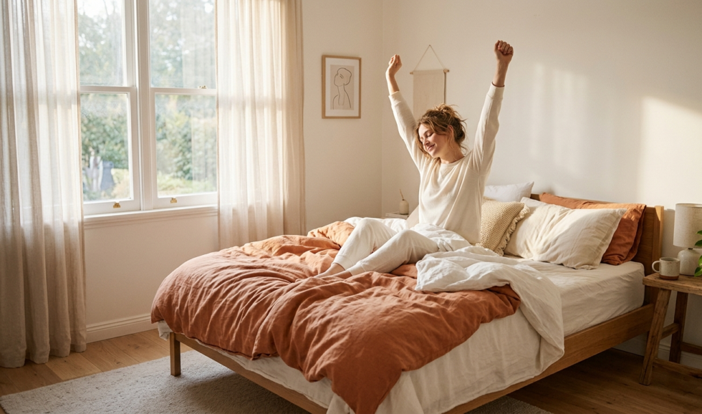 Person waking up peacefully in a sunlit bedroom starting a calm morning routine