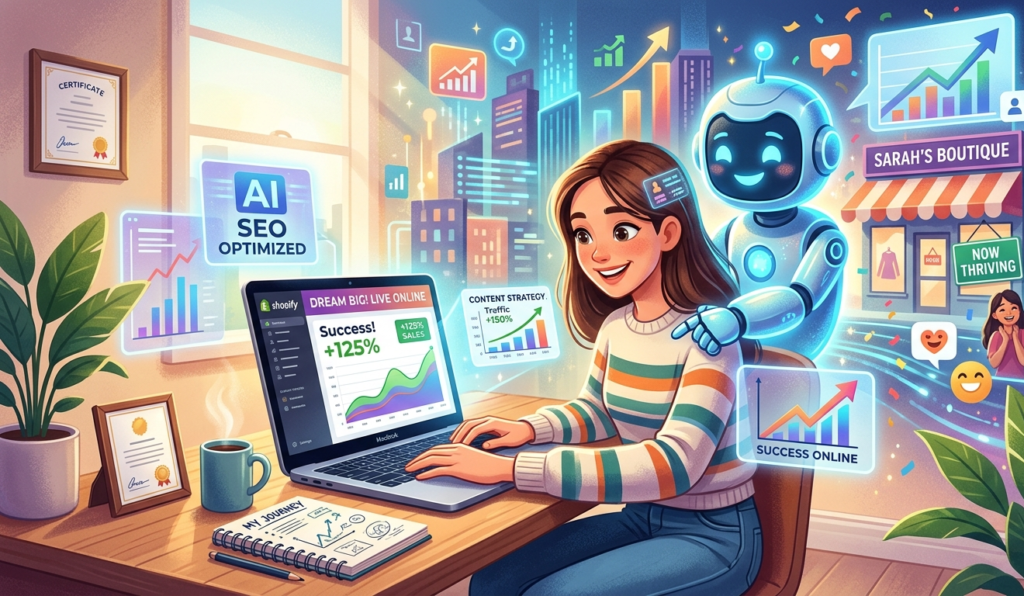 Digital illustration showing AI helping a beginner succeed online for best free AI tools