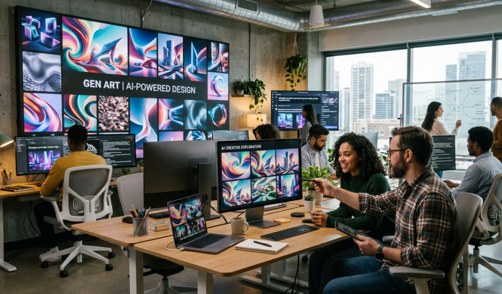 Modern workspace with AI-generated visuals